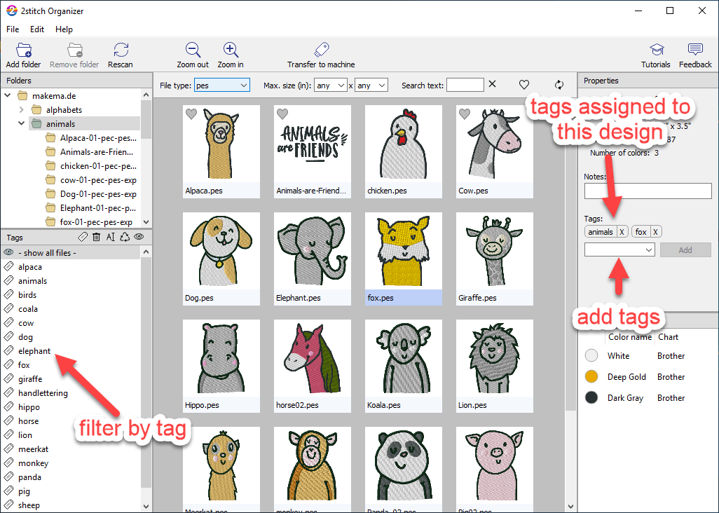 Adding tags to your embroidery designs for easier management