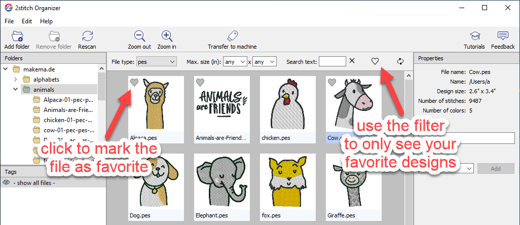 Mark your favorite embroidery designs in 2stitch Organizer